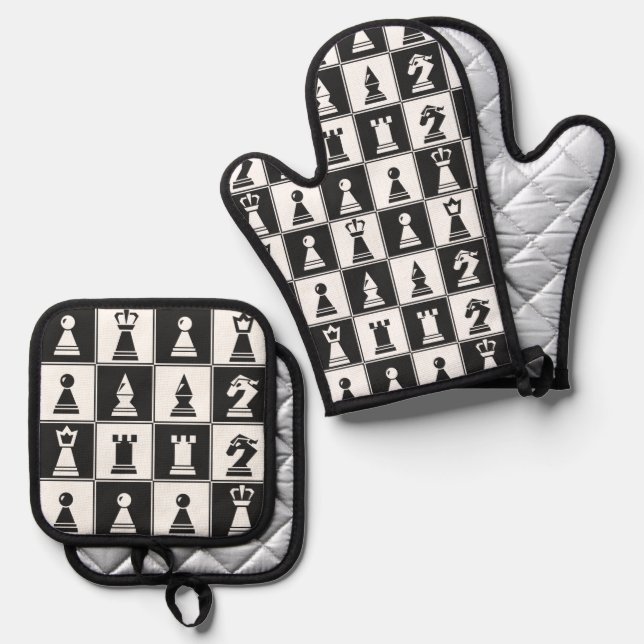 Chess Pieces Design Oven Mitt & Pot Holder Set (Front/Back)