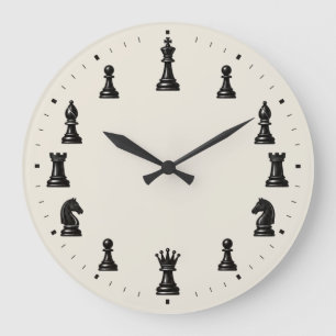 Chess Pieces Ivory Minimalist Game Room Decor Wall Large Clock