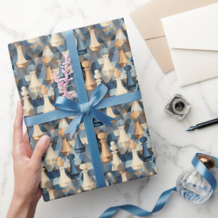 Chess Pieces Modern Minimalist Geometric Blue Tan Wrapping Paper