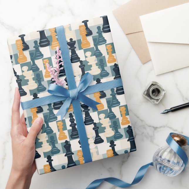 Chess Pieces Modern Simple Blue Orange White Wrapping Paper (Gifting)