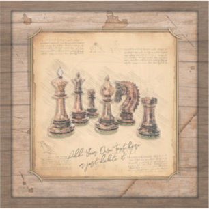 Chess Pieces on Grunge Wooden Board Player Gift