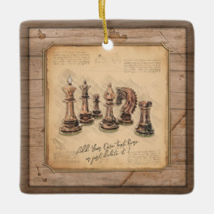 Chess Pieces on Grunge Wooden Board Player Gift Ceramic Ornament