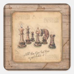 Chess Pieces on Grunge Wooden Board Player Gift Square Sticker