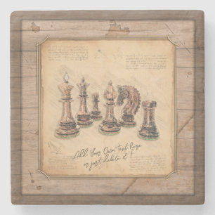 Chess Pieces on Grunge Wooden Board Player Gift Stone Coaster