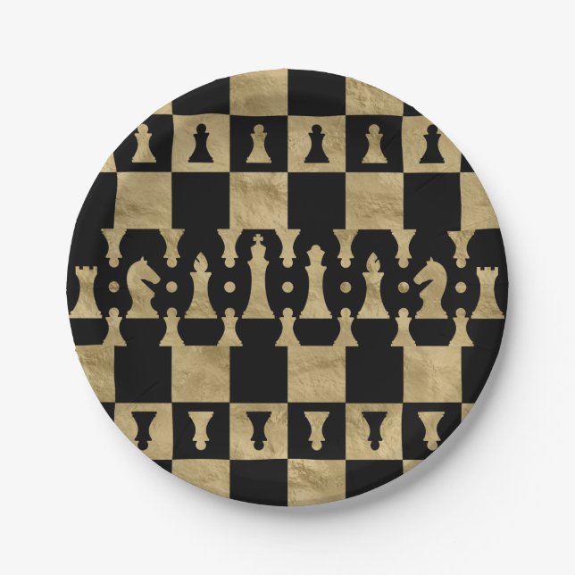 Chess Pieces Pattern - black and gold Paper Plate (Front)