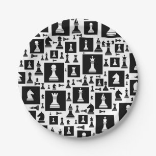 Chess Pieces Pattern - Black and white Paper Plate