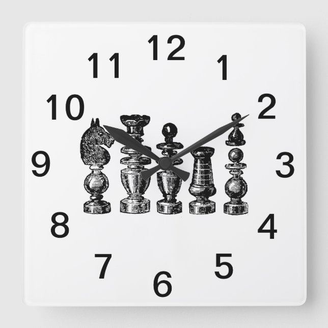 Chess Pieces Vintage Art Square Wall Clock (Front)