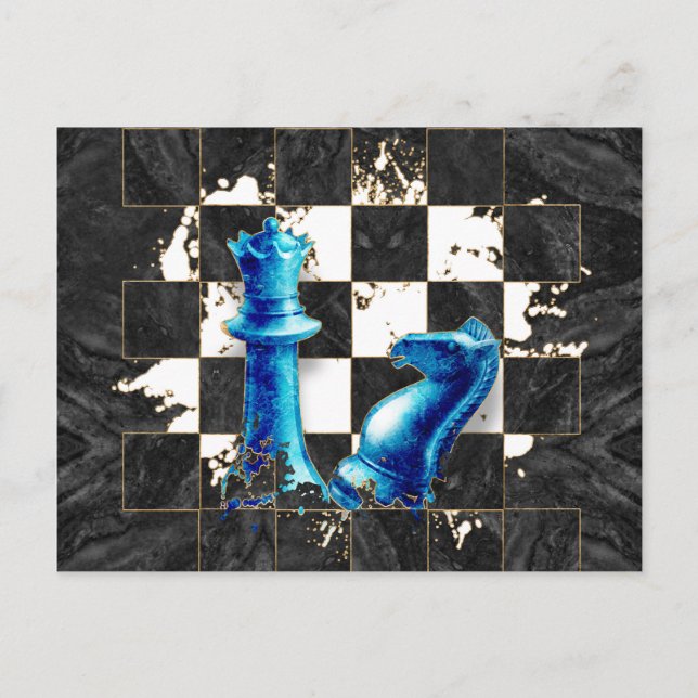 Chess Queen and Knight - Blue Marble Postcard (Front)