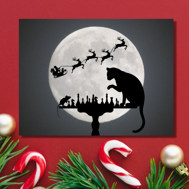Chess Santa Full Moon Cat and Mouse Game Christmas Holiday Postcard (Creator Uploaded)