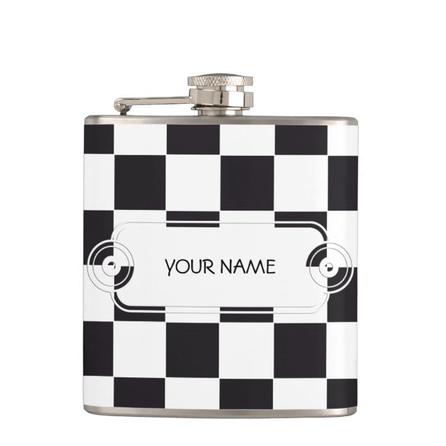 Chess Square Pattern - black + your background Hip Flask (Front)