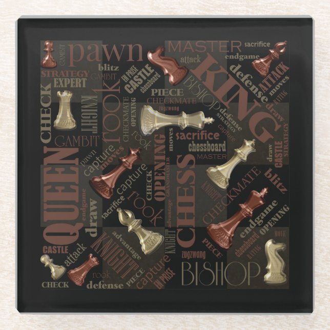 Chess Terms and Pieces Copper and Gold ID784 Glass Coaster (Front)