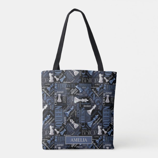 Chess Terms and Pieces Silver and Blue ID784 Tote Bag (Back)