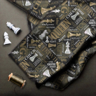 Chess Terms and Pieces Silver and Gold ID784 Fabric