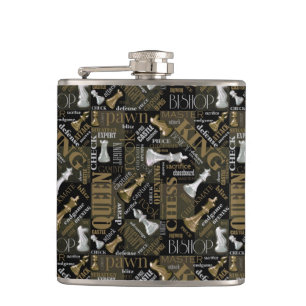 Chess Terms and Pieces Silver and Gold ID784 Hip Flask