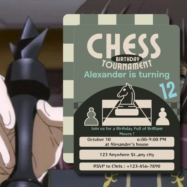 Chess Tournament Birthday Party Green Theme Game Invitation (Creator Uploaded)