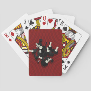 Chessboard and 3D Chess Pieces composition on red Playing Cards