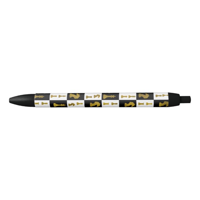 Chessboard and Gold Chess Pieces pattern Black Ink Pen (Front)