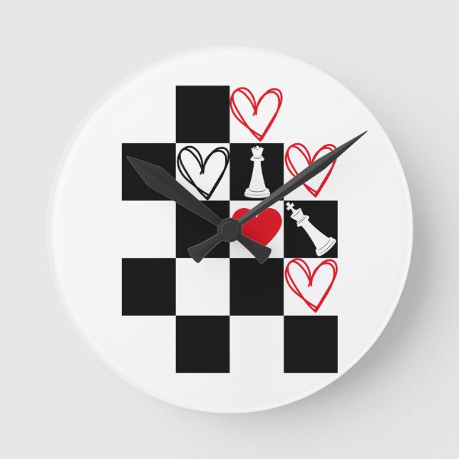 Chessboard Heart Valentines Day Black&White Round Clock (Front)