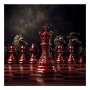 Chessboard Scene Featuring Ornate Red King Poster