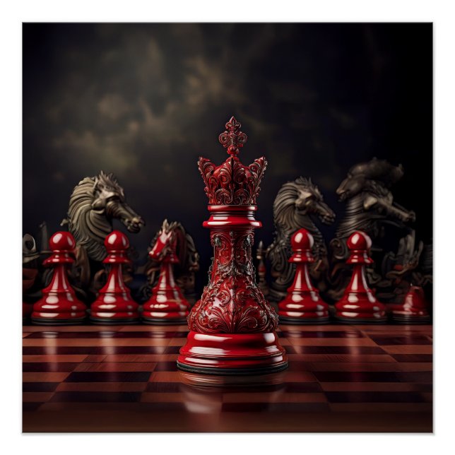 Chessboard Scene Featuring Ornate Red King Poster (Front)