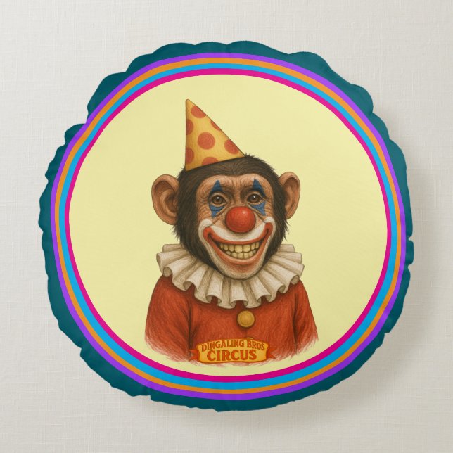 Chester the chimp clown round cushion (Front)