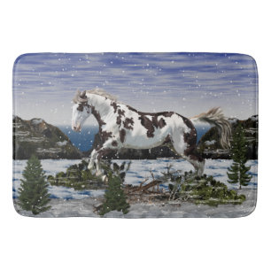 Chestnut and White Paint Horse in Snow Bath Mat