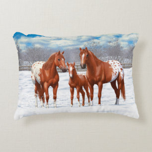 Chestnut Appaloosa Sorrel Quarter Horses in Snow Decorative Cushion