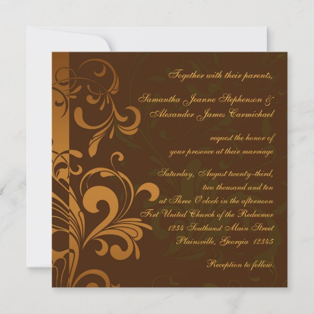 Chestnut Brown Gold/Green Swirl Square Wedding Invitation (Front)