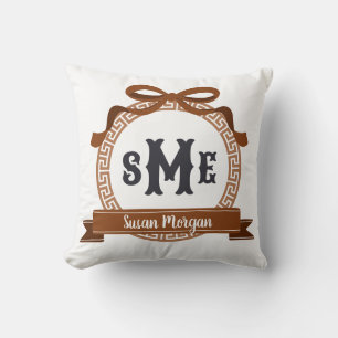 Chestnut Brown Greek Key Bow Monogram Cushion