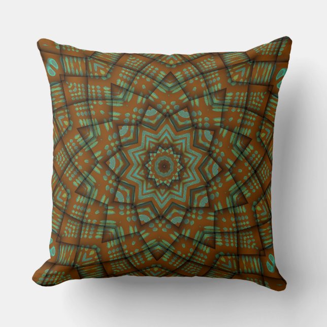 Chestnut Brown Green Blue Star Flower Pattern Cushion (Front)