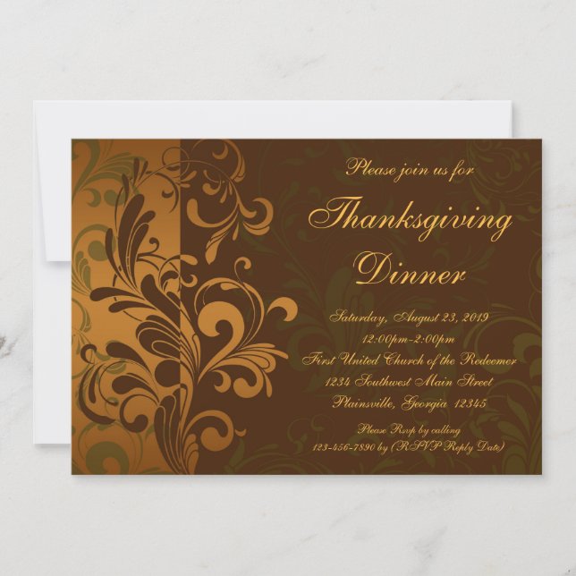 Chestnut Brown Swirl Thanksgiving Dinner Invitation (Front)
