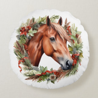 Chestnut horse and Christmas Wreath Watercolor Round Cushion