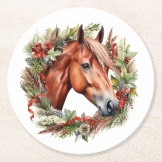 Chestnut Horse Christmas Wreath Paper Coasters