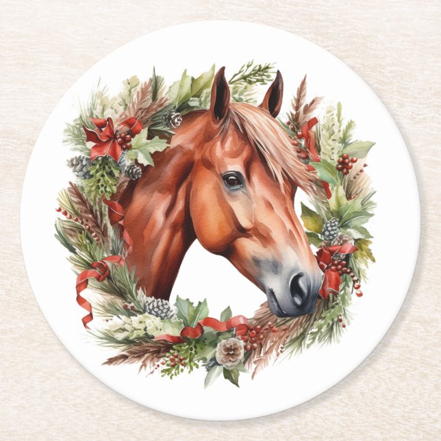 Chestnut Horse Christmas Wreath Paper Coasters (Front)