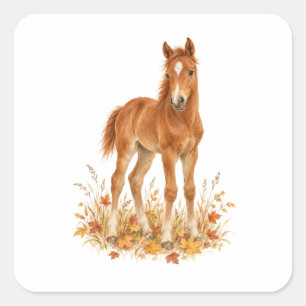 Chestnut Horse Foal in Autumn Meadow Square Sticker
