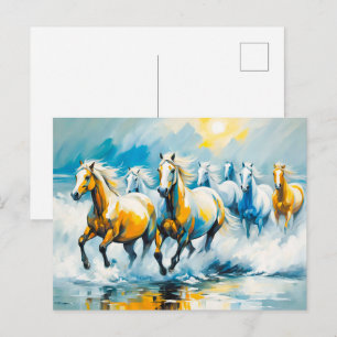 Chestnut Horses Running Through Shallow Sea Postcard