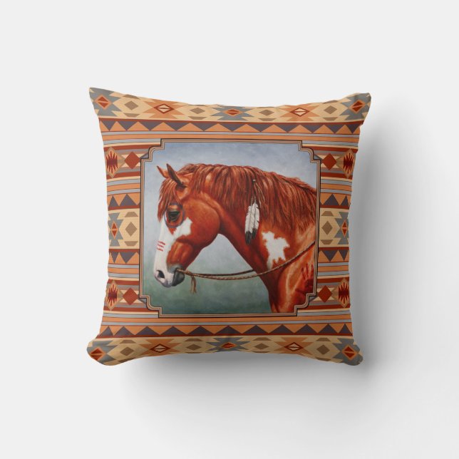 Chestnut Pinto Horse Southwest Indian Design Cushion (Front)