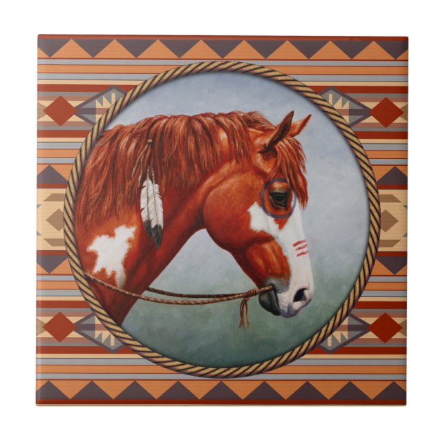 Chestnut Pinto Horse Southwest Indian Design Tile (Front)