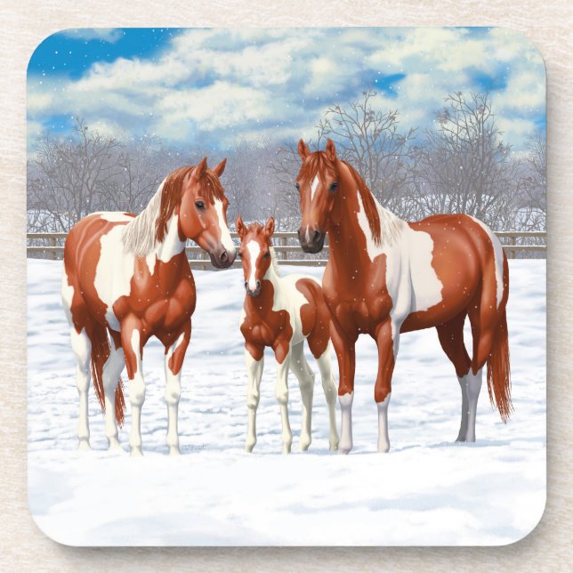 Chestnut Pinto Sorrel Paint Quarter Horses In Snow Coaster (Front)