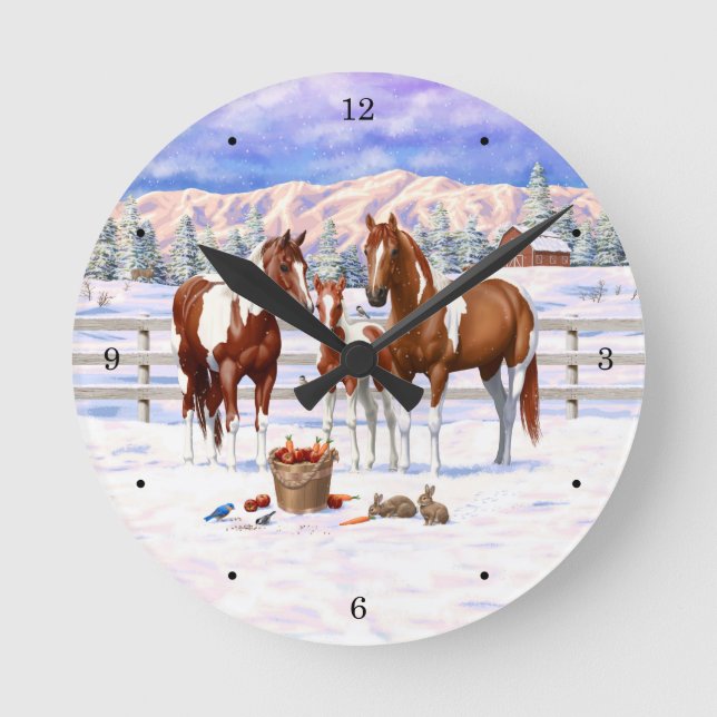 Chestnut Pinto Sorrel Paint Quarter Horses In Snow Round Clock (Front)
