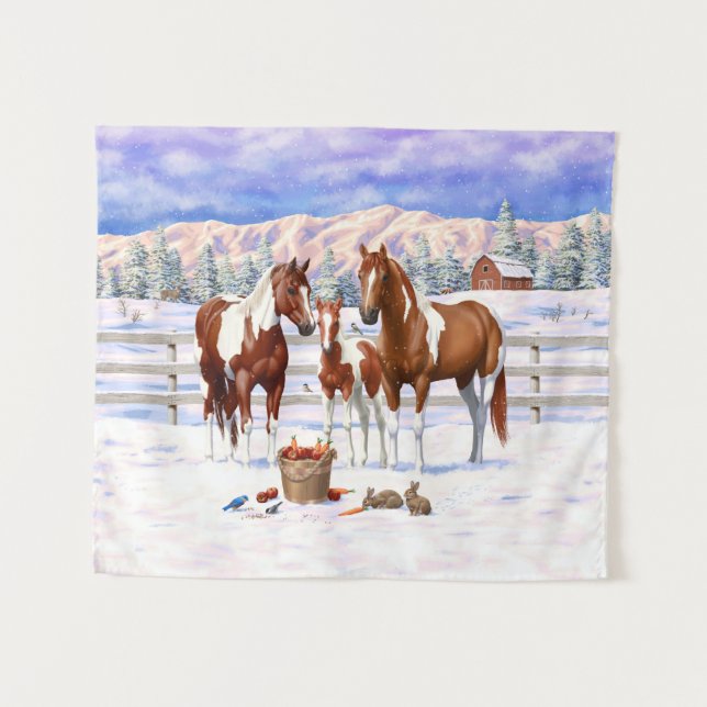 Chestnut Pinto Sorrel Paint Quarter Horses In Snow Tapestry (Front (Horizontal))