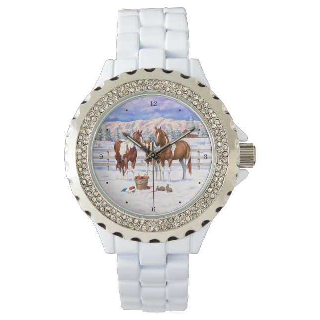Chestnut Pinto Sorrel Paint Quarter Horses In Snow Watch (Front)