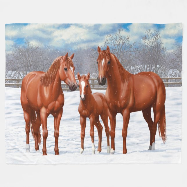 Chestnut Sorrel Quarter Horses In Snow Fleece Blanket (Front (Horizontal))