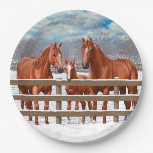 Chestnut Sorrel Quarter Horses In Snow Paper Plate