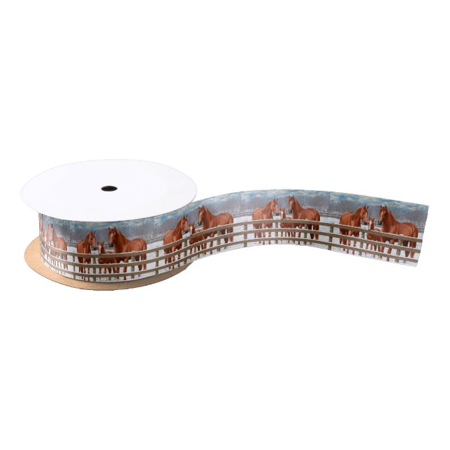 Chestnut Sorrel Quarter Horses In Snow Satin Ribbon (Spool)