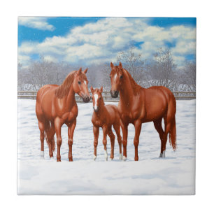 Chestnut Sorrel Quarter Horses In Snow Tile