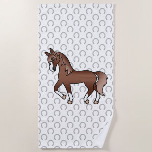 Chestnut Trotting Horse Cute Cartoon Illustration Beach Towel