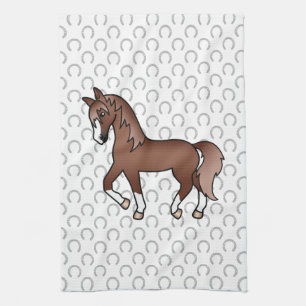 Chestnut Trotting Horse Cute Cartoon Illustration Tea Towel