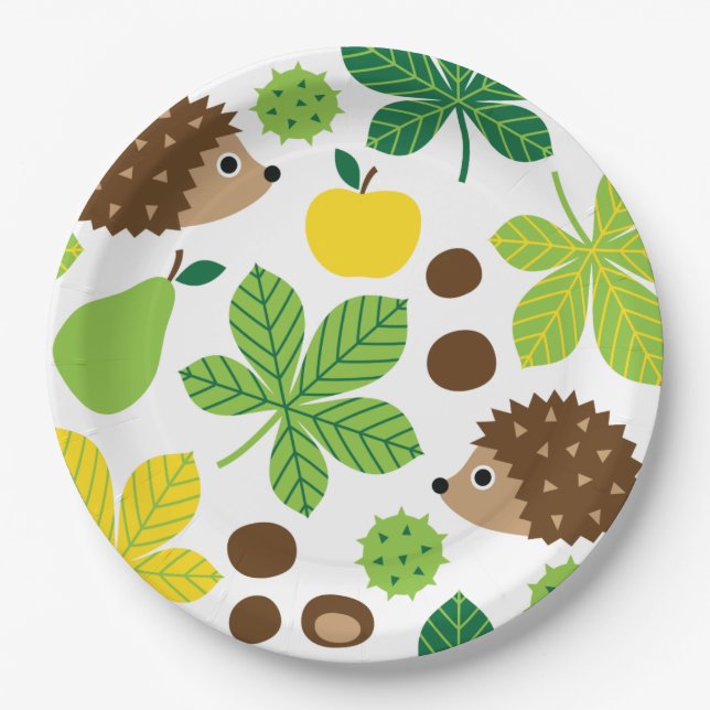 Chestnuts & Hedgehog Seamless Pattern Paper Plate (Front)