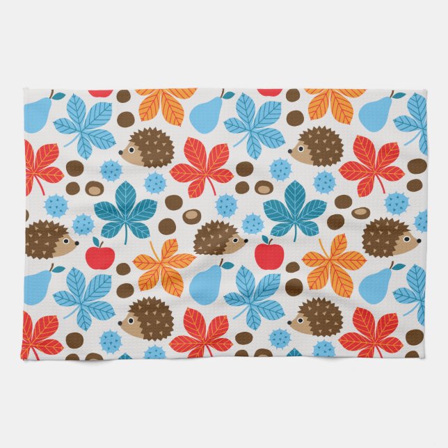 Chestnuts & Hedgehog Seamless Pattern Tea Towel (Horizontal)